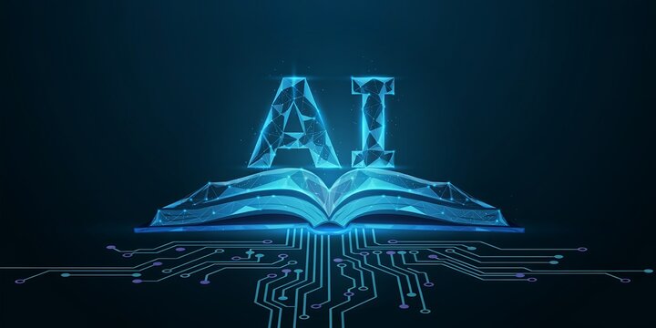 Artificial Intelligence concept with glowing digital book and circuit board network data.