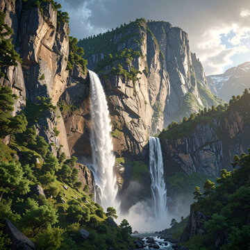 Waterfall cascading through rocky landscape