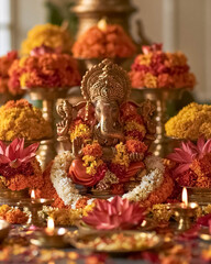 Fototapeta premium Traditional Hindu Ganesha worship altar decorated with marigold flowers, lotus blossoms, garlands and oil lamps, spiritual Indian festival celebration