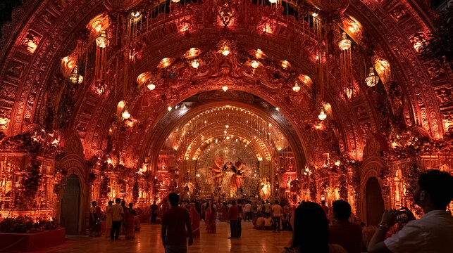 Grand Durga Puja festival pandal with elaborate traditional Indian decorations, glowing lights, Goddess Durga idol and worshippers