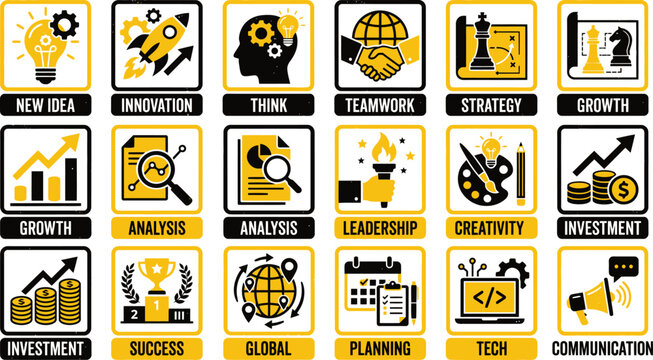 Business strategy icon set, 18 yellow and black innovation symbols, corporate growth and marketing analysis vector collection