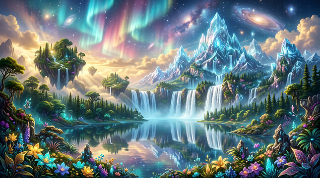 Fantasy landscape with floating islands, waterfalls, and aurora borealis in starry sky