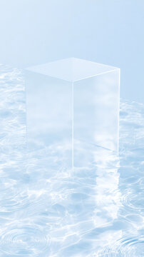 Square glass cube podium in clear ripple water with caustic light reflection