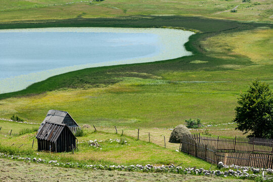 Zabljak, Montenegro - 30 July 2005: View of Durmitor National Park featuring rustic wooden huts, a serene lake, lush green meadows, and traditional wooden fencing under a clear summer sky.