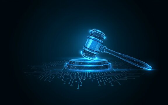 Digital judge gavel on circuit board background representing cyber law and legal technology.