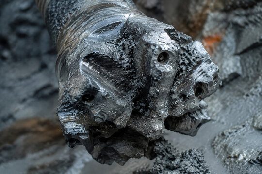 Extreme close-up of a steel drill bit covered in rock dust and mud.