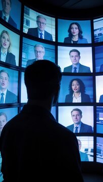 Observer watching diverse group of professionals on curved video wall. Static shot with slight vertical tilt.