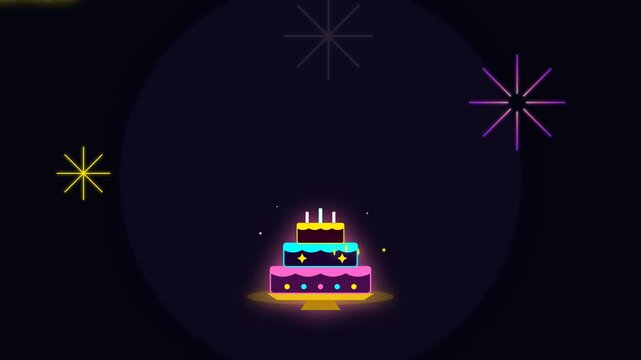 2D flat design animation of a three-tiered colorful birthday cake with lit candles and vibrant neon firework bursts in blue, pink, yellow, and orange against a dark background.