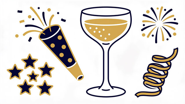 Flat vector set of celebration elements with champagne coupe party horn confetti burst streamer and star cluster