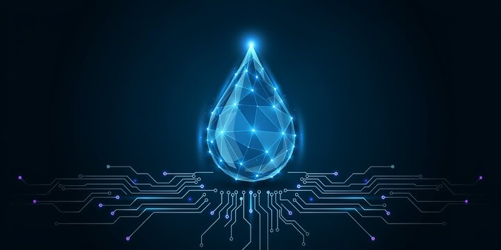 Digital water drop icon with circuit board lines representing clean technology and data