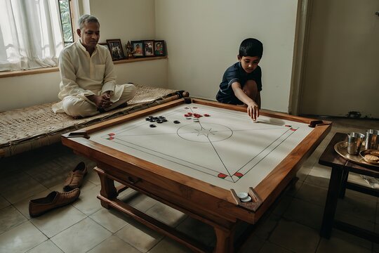 Senior Indian Man Watching Grandson Play Carrom Board Game in Living Room