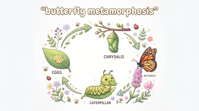 Detailed educational illustration of a butterfly's complete biological transformation, showing eggs, caterpillar, chrysalis, and the adult insect among flora