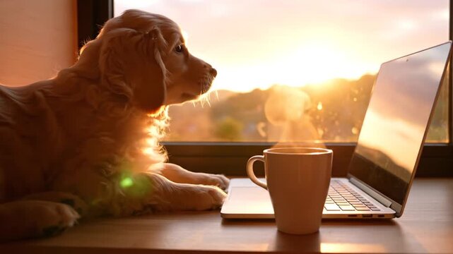 Golden retriever puppy sitting by sunset window with laptop.