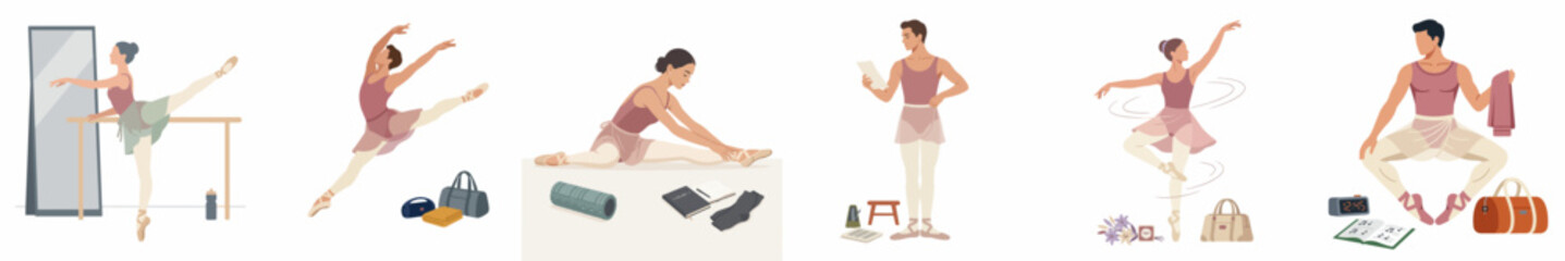 Vector Illustration Set of Male and Female Ballet Dancers Practicing, Stretching, and Performing in Professional Dance Costumes with Dance Gear and Accessories © Nia