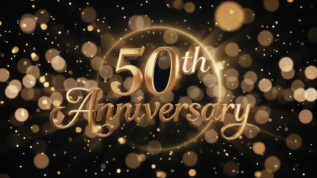 Glowing Gold 50th Anniversary Text with Sparkling Particles on Dark Background