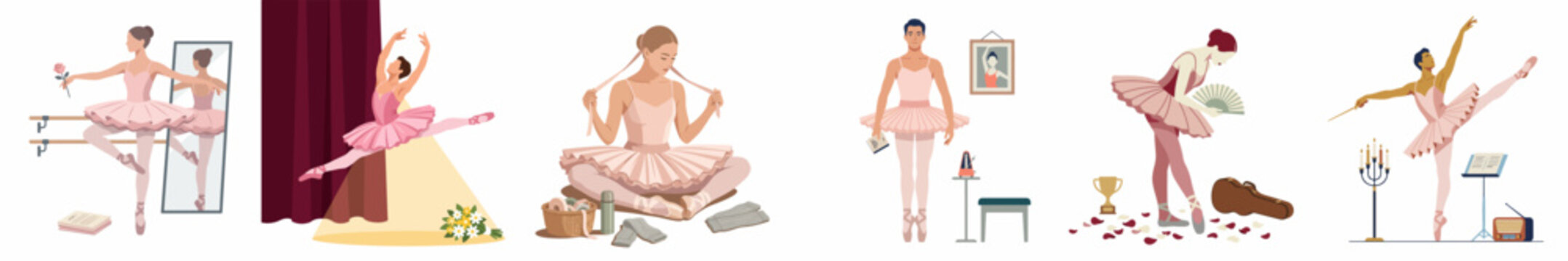 Set of detailed illustrations depicting the daily life and career stages of a professional ballerina, from practice to performance and awards.