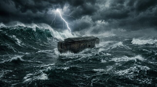 Cataclysmic deluge survival: Noah Ark, wooden ship, turbulent sea, extreme weather, lightning strike, God purpose, faith trial, ancient legend, human fate, epic journey, powerful current.