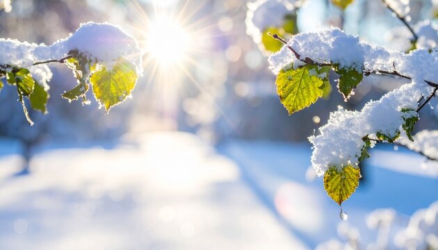 Snowy branches with sunlight bokeh