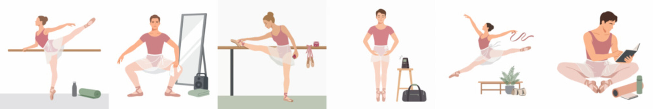 Set of ballet dancer illustrations showing various training poses, stretching, jumping, and resting in a studio environment.