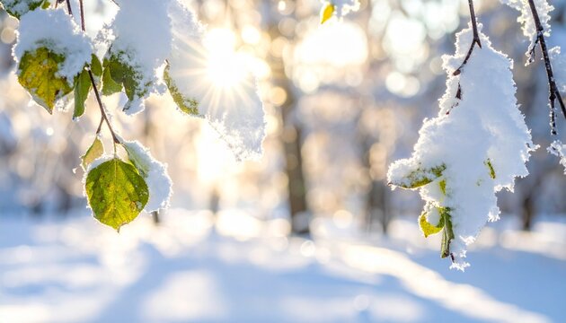 Snowy branches with sunlight bokeh