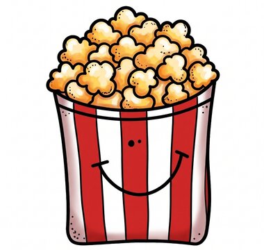 popcorn, popcorn bucket, cinema, movie, snack, food, illustration, vector, cartoon, cute, kawaii, doodle, hand drawn, clipart, sticker, character, smiley, smiling, happy face, red and white, striped, 