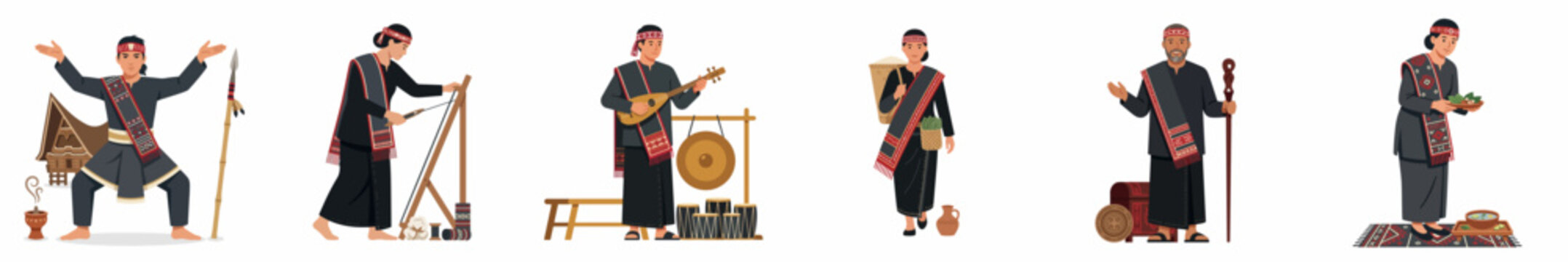 Collection of Kadazan-Dusun people in traditional attire performing various cultural activities, including folk dance, music, and weaving, isolated on a white background.