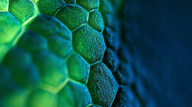 Macro shot of glowing green plant cells under a microscope
