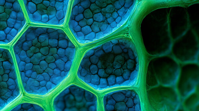 Macro shot of glowing green plant cells under a microscope
