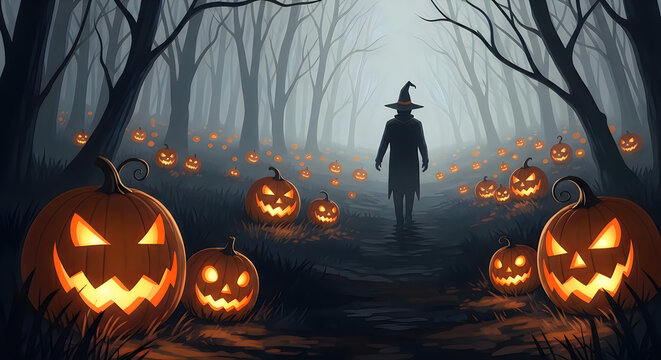 Mysterious witch walking through a spooky forest with jackolanterns and fog illustration