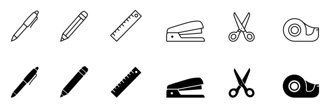 Office stationery and school supplies vector icon set featuring pen, pencil, ruler, stapler, scissors, and tape dispenser symbols in line and filled styles for web UI design.