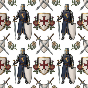 Seamless medieval knight pattern with shields and swords