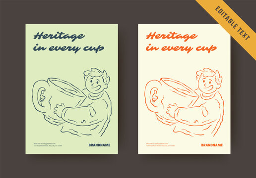 Warm nostalgic heritage coffee flyer comes in two fresh lively color palettes, carries fully editable text, smiling character holding giant mug for traditional artisanal brew announcement