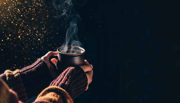 Close-up of hands in a warm sweater, creating a cozy seasonal lifestyle scene focused on winter comfort, warmth, relaxation and peaceful everyday moments.