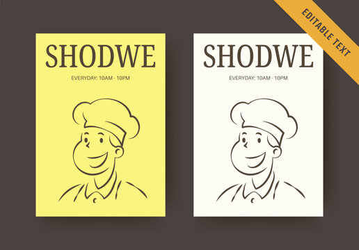 Bright cheerful cafe flyer comes in two soft warm color palettes, carries fully editable text, friendly hand drawn smiling chef illustration for daily operating hours announcement