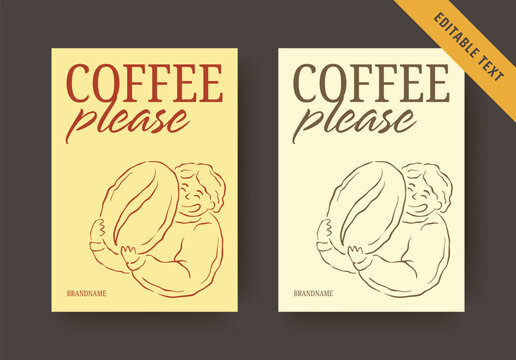 Warm playful coffee flyer comes in two soft vintage color palettes, carries fully editable text, cheerful hand drawn character holding giant coffee bean for friendly morning beverage reminder