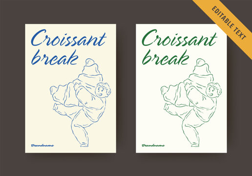 Playful hand drawn croissant break flyer arrives in two soft neutral color palettes, carries fully editable text, cheerful character balancing giant pastry for lighthearted snack break reminder