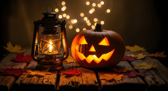 Halloween pumpkin and vintage lantern with glowing light on wooden surface