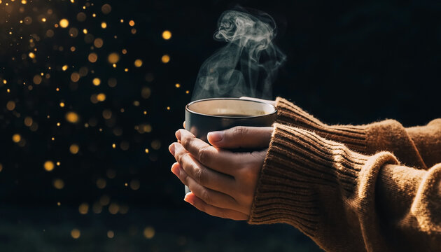 Close-up of hands in a warm sweater, creating a cozy seasonal lifestyle scene focused on winter comfort, warmth, relaxation and peaceful everyday moments.