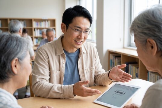 Man explaining digital literacy and ai technology to elderly people in a community setting