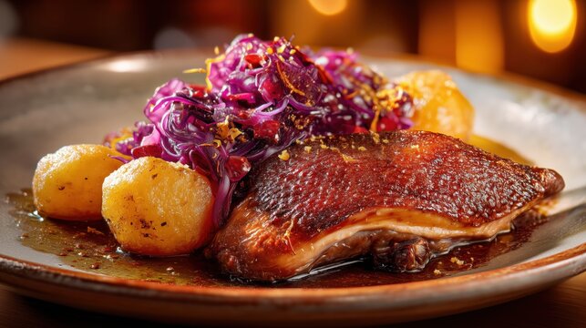  traditional Czech roasted duck with perfectly crispy caramelized skin, red cabbage, fluffy bread dumplings