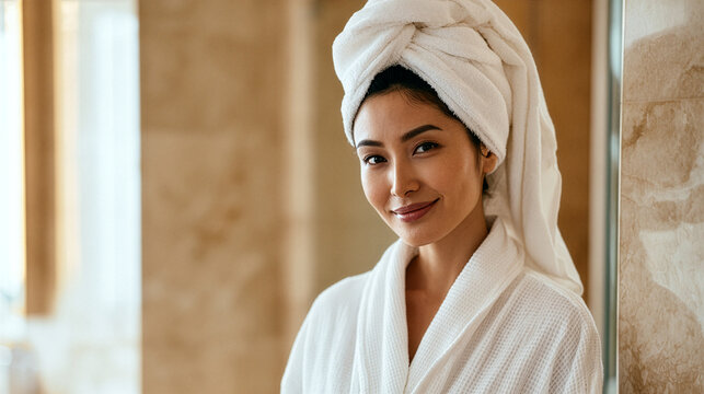 beautiful Asian woman wearing a luxurious white spa robe after showering, healthy radiant skin, relaxed smile, elegant modern bathroom