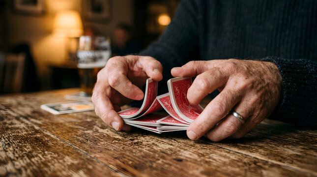 Close up of hands shuffling a deck of red playing cards on a rustic wooden table in a pub