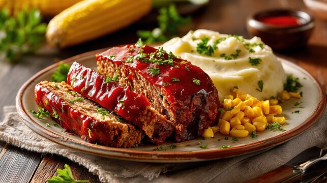  traditional American homemade meatloaf glazed with glossy tomato sauce