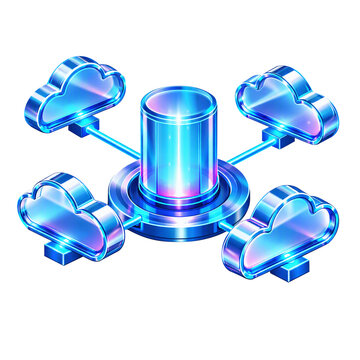 3D cloud computing network infrastructure with central server database and glowing iridescent cloud symbols. Concept of data storage, cloud hosting, and digital network connectivity.