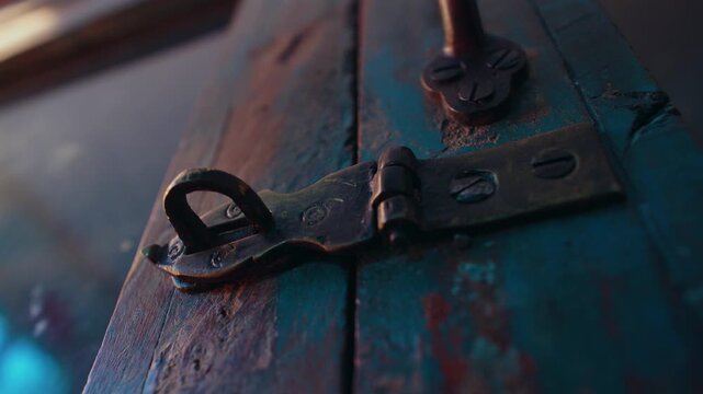 Antique metal latch attached to a weathered wooden chest, showing a hinged plate, circular ring, dark screws, worn wood grain and aged hardware on the lid of the trunk
