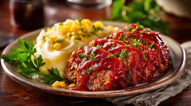  traditional American homemade meatloaf glazed with glossy tomato sauce