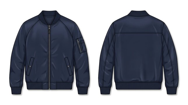 Front and back views of a classic navy blue bomber jacket design template with ribbed collar and zippered utility sleeve pocket
