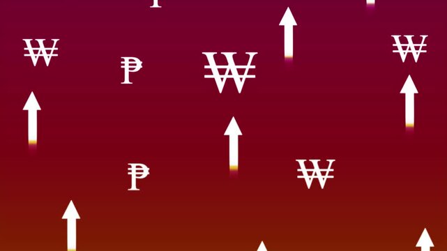 Global currency growth: rising won and peso symbols on red background