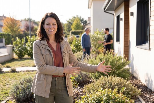 Smiling agent presenting a modern house to clients in a suburban neighborhood