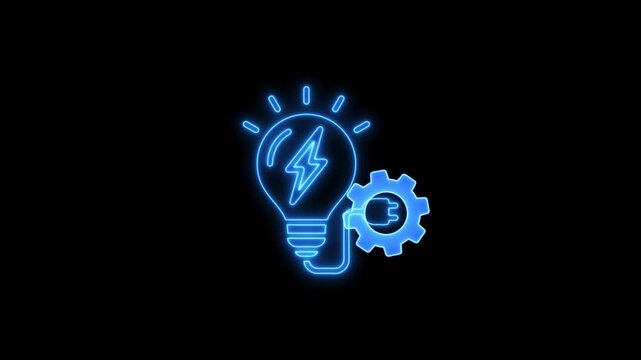 Neon light bulb and gear animation: innovation and energy concept